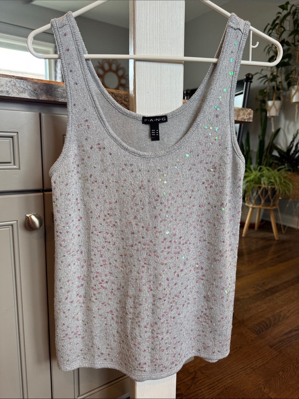 FANG Sequin Knit Tank Top in Light Gray with Iridescent Accents